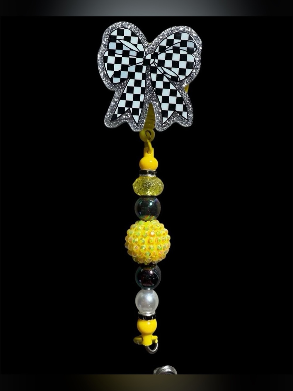 Checkerboard Bow Yellow Beaded Key & Card Holder